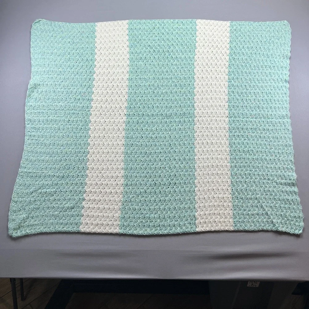 Handmade Crochet Throw Baby Blanket Teal White Striped Soft Knit (38